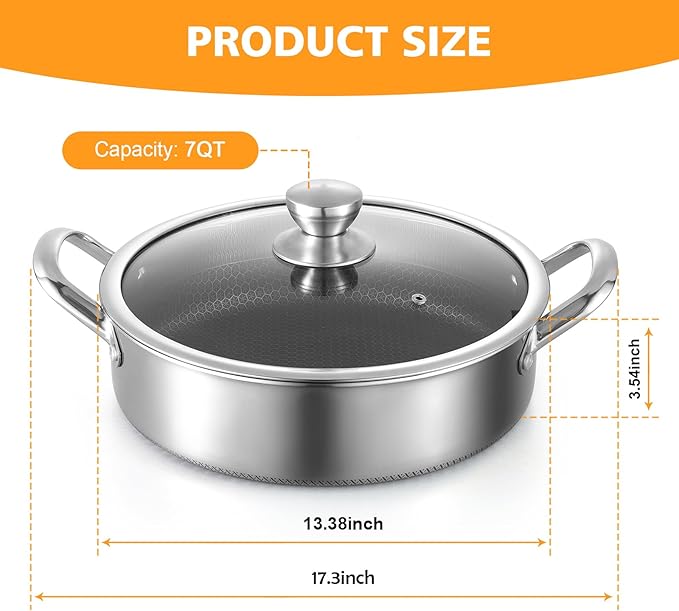 Stainless Steel 7QT Saute Pan 14 Inch Deep Frying Pan with Lid Nonstick,Hybird Induction Cooking Pan,PFOA Free Cookware,Large Skillets