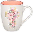 Christian Art Gifts Encouraging Ceramic Coffee & Tea Mug for Women: Rosy Pink Floral Cross, Microwave & Dishwasher Safe Cup, Cute Lead-free Inspirational Encouraging Novelty Drinkware, White, 12 oz.