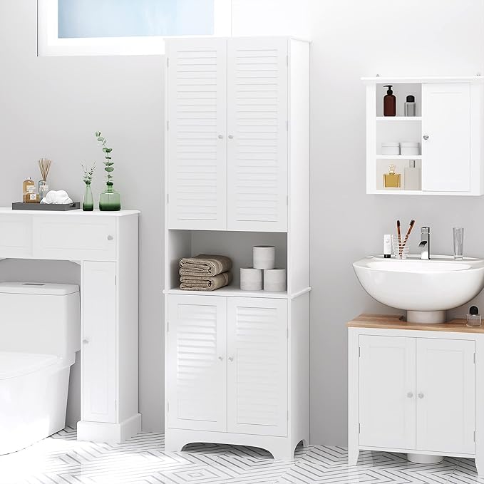 HOMCOM Tall Narrow Bathroom Storage Cabinet with Doors and Shelf Adjustability, Freestanding Linen Cabinet with 2 Cabinets and Countertop, White