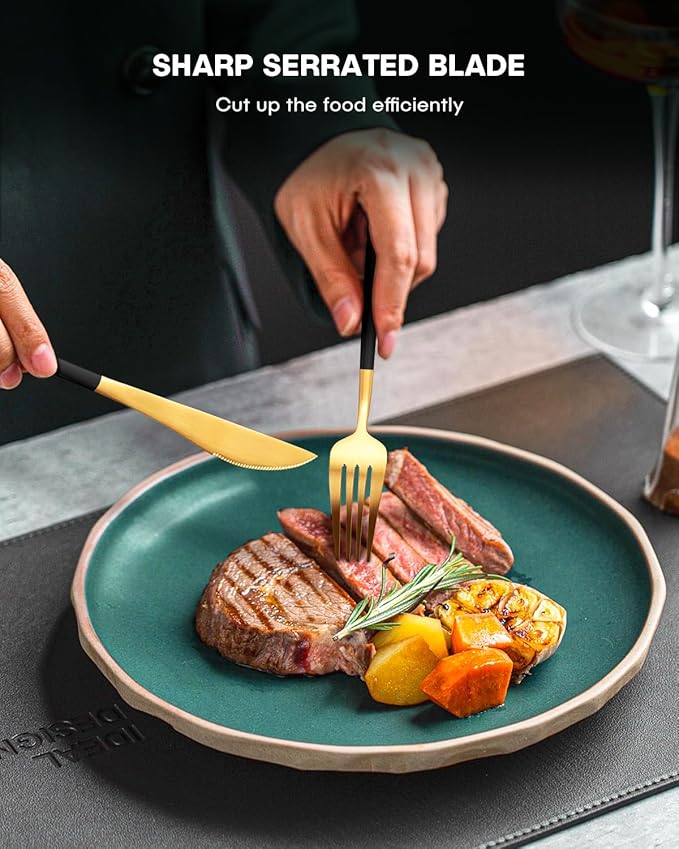 EUIRIO 20-Piece Matte Black Gold Silverware Set, Modern Flatware Set for 4, Premium Stainless Steel Cutlery Set with Forks Spoons and Knives, Heavy Duty Utensil Sets, Dishwasher Safe