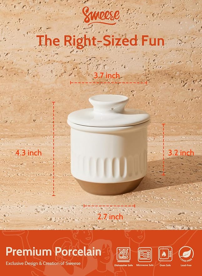 Sweese French Embossed Butter Crock with Lid - Elegant Floral Relief Design & Water Reservoir - White Countertop Butter Keeper