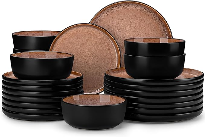 vancasso Plates and Bowls Sets, 24 Pieces Stoneware Dinnerware Sets for 8, Kitchen Dish Set Mircowave and Dishwasher Safe Dinner Set Ceramic Dishware, Brown, Series AMBER