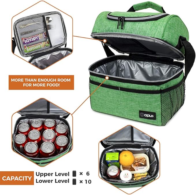 OPUX Lunch Box For Men Women, Insulated Large Lunch Bag Adult Work, Double Decker Lunchbox Meal Prep, Dual Compartment Leakproof Lunch Cooler, Soft Lunch Pail Tote Boys Girls Kids School, Green 12L