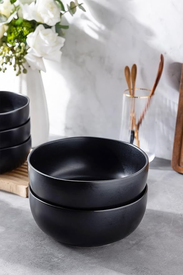 AmorArc Stoneware Cereal Bowls for Kitchen, 28oz Large Ceramic Soup Bowls Set of 6 for Meal, Chip-Resistant Kitchen Bowls with Wavy Rim, Reactive Glaze-Matte Black