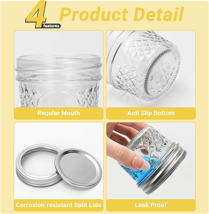 4 oz Glass Small Mason Jars, 40 Pack Regular Mouth Glass Canning Jars with Silver Aluminum Lids and Bands, Airtight Jam Jars for Food Storage, Fermenting, Honey, Dessert, DIY Candles Decor