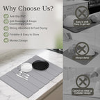 Hopegiver Gray Stone Drying Mat for Kitchen Counter, 15.75"x11.81" Foldable Quick Dry Stone Mat Kitchen, Absorbent Diatomaceous Earth Dish Drying Mats for Dishes Utensils, Includes Sanding Block