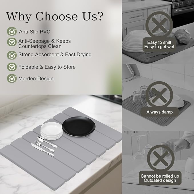 Hopegiver Gray Stone Drying Mat for Kitchen Counter, 15.75"x11.81" Foldable Quick Dry Stone Mat Kitchen, Absorbent Diatomaceous Earth Dish Drying Mats for Dishes Utensils, Includes Sanding Block