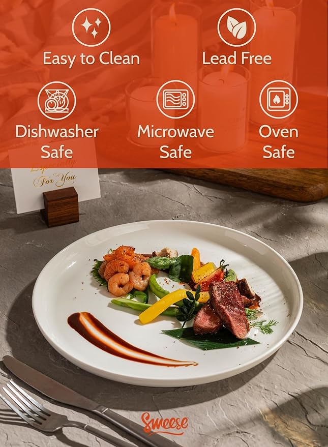Sweese 10 Inch Porcelain Dinner Plates, White, Set of 6 - Microwave, Oven, Dishwasher Safe, Scratch-Resistant