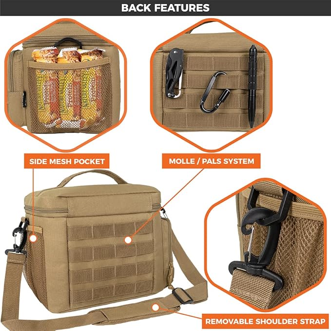 opux Tactical Lunch Box for Men, Tan Mens Insulated Lunch Bag for Adult, Leakproof Soft Lunch Cooler with MOLLE Mesh Side Pockets, Multicam Heavy Duty Lunchbox Pail for Work Women, Large, 18 Cans