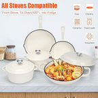 Nonstick Enameled Cast Iron Cookware Set - 8 Piece Pots and Pans with Lid, Frying Pan, Skillet, Dutch Oven Set for All Stovetops, Ideal for Sourdough Bread Baking, Comes with Organizer, Cream White