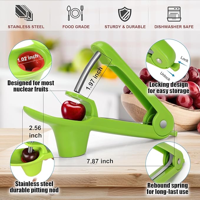 SCHVUBENR Cherry Pitter Tool - Stainless Steel Cherry Corer Pitter with Ergonomic Push Design - Easy to Use for Making Cherry Jam - Pit Cherry with Ease, Saving Time & Space with Lock Design(Green)