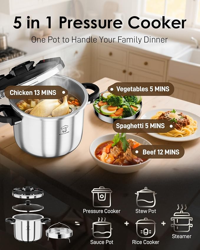 Pressure Cooker Stainless Steel 6.3 Quart,Olla De Presion For 2-3 People[Glass Lid & Steamer Rack Included][Press To Open][Compatible With Induction And Gas Stovetops]
