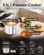 Pressure Cooker Stainless Steel 6.3 Quart,Olla De Presion For 2-3 People[Glass Lid & Steamer Rack Included][Press To Open][Compatible With Induction And Gas Stovetops]