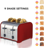 Kenmore Toaster 4 Slice - Extra Wide Slot Countertop Kitchen Appliance, Defrost Function, Grille-Pain, 9 Shade Settings, Compact Design, Easy Clean Crumb Tray, Bread Bagel, Stainless Steel & Red