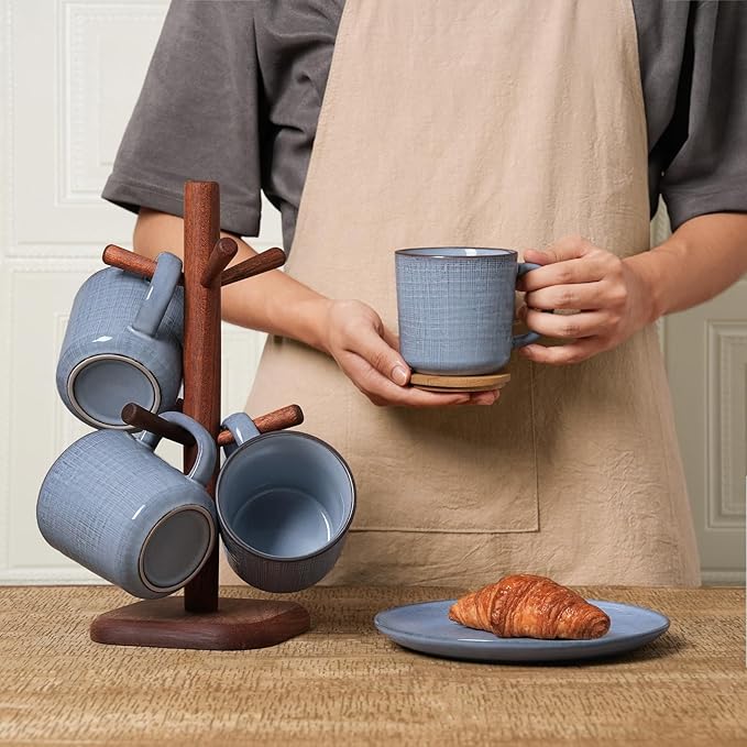 famiware Moonlight Coffee Mug Set of 4, 13oz Mug Set with Linen Finish, Coffee Cup Set with Handle for Latte, Cappuccino, Tea, Hot Cocoa, Microwave and Dishwasher Safe, Blue