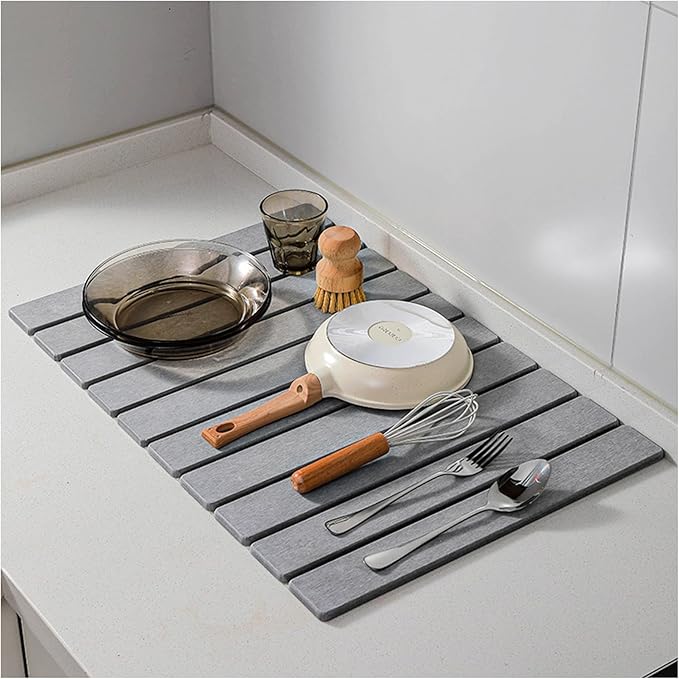 Stone Drying Mat for Kitchen Counter, Stone Dish Drying Mat Foldable, Super Absorbent Diatomaceous Earth Quick-drying Draining Mat for any Kitchen Countertop (Medium Gray B, 23.6”x15.4”)