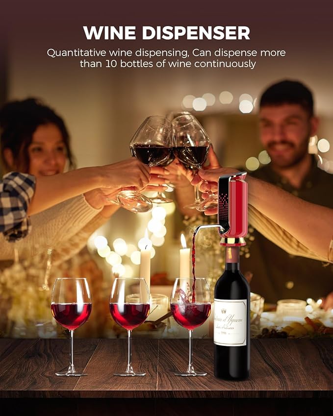 Luxurious 3-in-1 Electric Wine Aerator, Decanter, Dispenser & Vacuum Pump. Touch Screen LED Display - Wine Preservation System with Temp Monitor, Gift for Wine Lovers Women Men (Red)