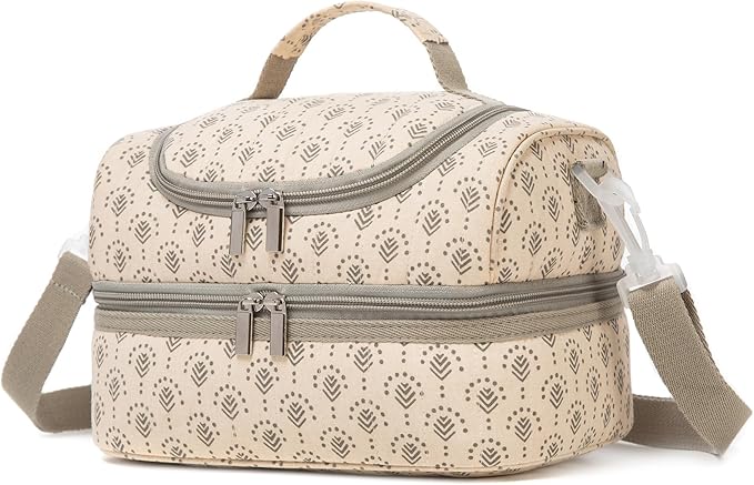 Insulated Kids Dual Compartment Lunch Bags Tote for Girls Boys Toddler Lunch Boxes Pre-School Toddler Kindergarten Picnic Camp Food Cooler Thermal with Strap (Z Beige)
