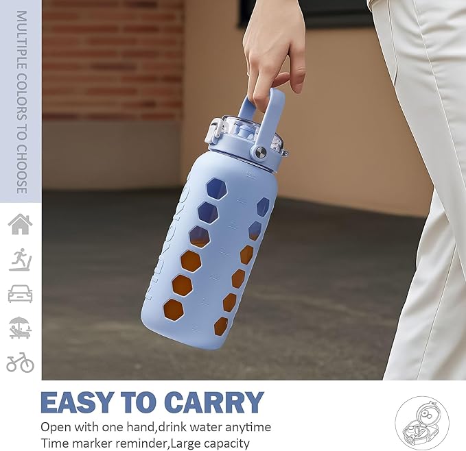 MUKOKO Half Gallon/64 oz Glass Water Bottles with Straw and Lid,Motivational Water Jug with Time Marker Reminder and Silicone Sleeve,100% Leakproof BPA Free Fitness Sports Large Bottle-Light Blue