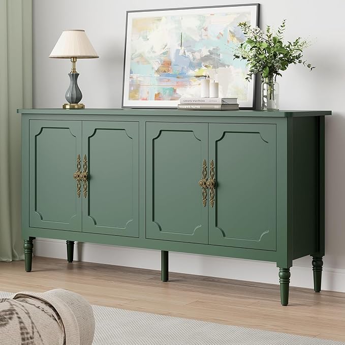 Large Sideboard Buffet Cabinet with Storage: 58'' Modern Credenza Buffet Table Coffee Bar Wine Bar Storage Sideboard with 4 Doors for Dining Room Living Room (Forest Green)