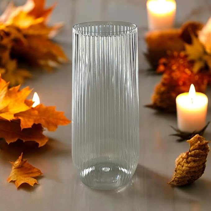 24 Pack Ribbed Ripple Stemless Toasting Glasses, Origami Durable 9 Oz BPA-Free Disposable Plastic Champagne Flutes for Weddings, Bars, Events, and Celebrations (Clear)