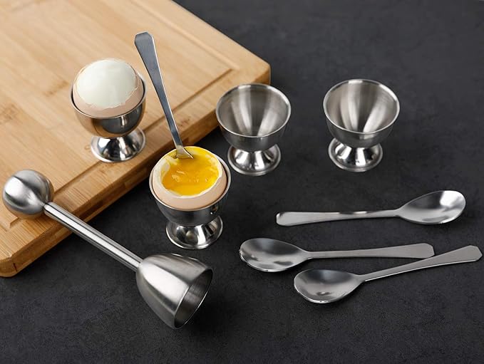 Egg Cracker Topper Set Soft Hard Boiled Eggs Separator Holder Include 4 Egg Spoons and 4 Egg Cups 1 Shells Remover Top Cutter Stainless Steel for Breakfast Kitchen Tool