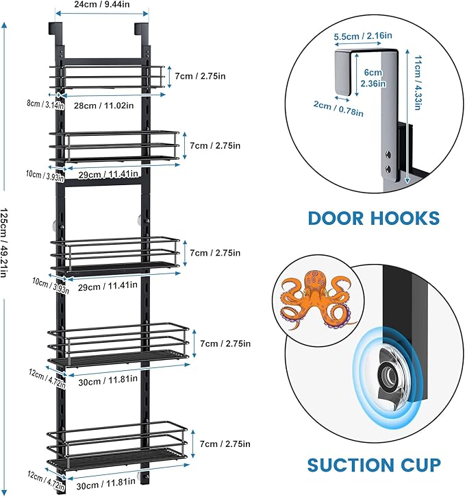 Adjustable 5-Tier Over the Door Pantry Organizer, Spice Rack, Narrow Hanging Shelf for Kitchen Storage and Organization