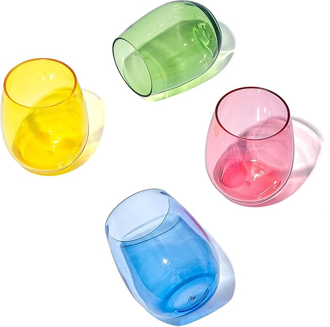 KX-WARE Unbreakable 18-ounce Acrylic Stemless Wine Glasses All Purpose Plastic Tumbler, set of 4 Multicolor Dishwasher Safe BPA Free Classic Style