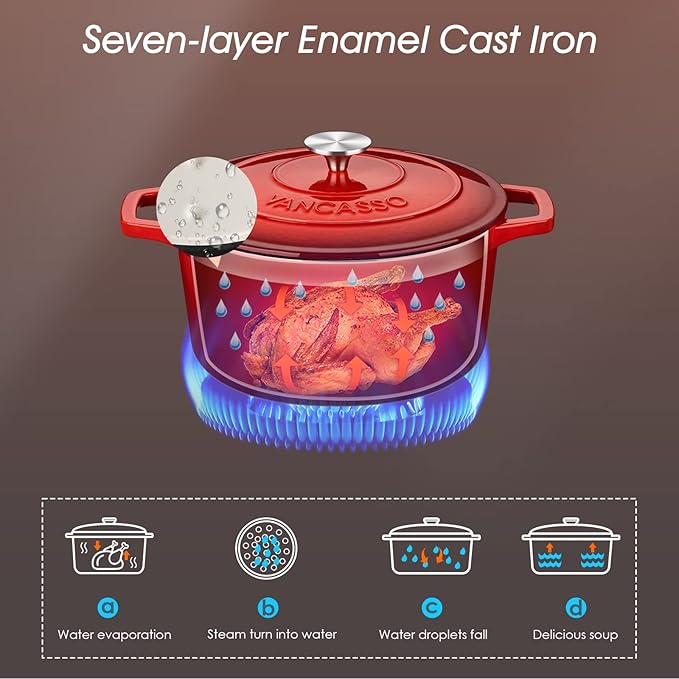 vancasso Enameled Cast Iron Dutch Oven with Lid, 3.5 QT Small Round Enamel Dutch Oven Pot for Bread Baking, Non Stick Enamel Coating, Red