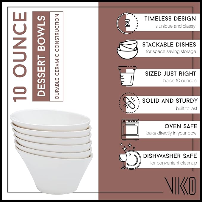 Vikko White Soup Bowls, Set of 6 Ceramic White Bowls, 10 Ounce, Elegant Shape Versatile Salad, Soup Bowl or Dessert Bowl, Dishwasher Safe