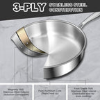 EWFEN 12 Inch Tri-Ply Stainless Steel Frying Pan, 5-Quart Deep Saute Pan with lids, PFOA&PTFE Free Skillet, Induction Cooking Pan, Dishwasher&Oven Safe,Works on All Cooktops