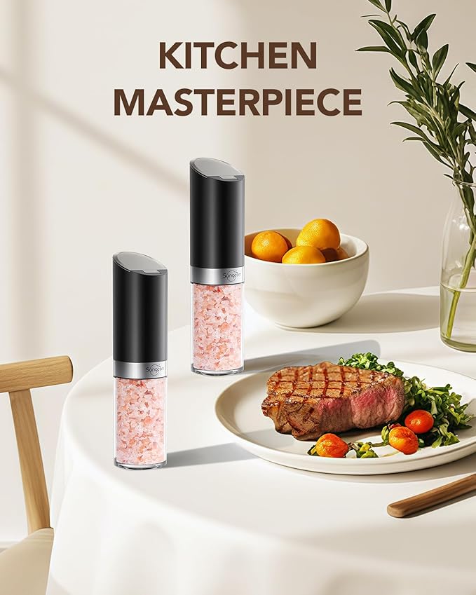Sangcon Gravity Electric Salt and Pepper Grinder Set with Dust Cover, XL CAPACITY, Battery Operated(4 AAA), Adjustable Coarseness, One Hand Automatic Salt and Pepper Shakers Set Mill with LED Light