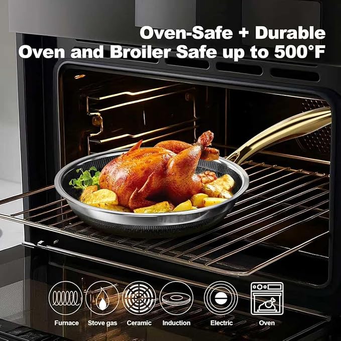 Fogdream 10” Stainless Steel Pan, Non Stick Frying Skillet with Lid, Tri-Ply Stainless Steel for All Cooktops, Dishwasher and Oven-Safe Cooking Pan, Stay-Cool Handle, Gold