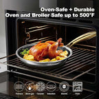 Fogdream 12”Stainless Steel Pan, Non Stick Frying Skillet with Lid, Tri-Ply Stainless Steel for All Cooktops, Dishwasher and Oven-Safe Cooking Pan, Stay-Cool Handle, Gold