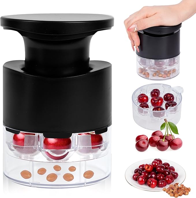 Cherry Pitter, 7-Hole Long Plunger Push Button Cherry Core Remover Tool with Splatter Protector, Quickly Pitting Cherries for Making Jam, Pies (Black)