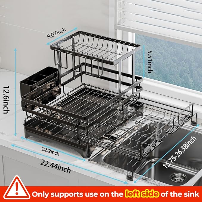 2 Tier Dish Drying Rack - Large Extendable Dish Rack, 2-in-1 Anti-Rust Stainless Steel Dishrack for Kitchen Counter and Sink, Dish Strainer with Utensil Holder & Cup Holder(Black)