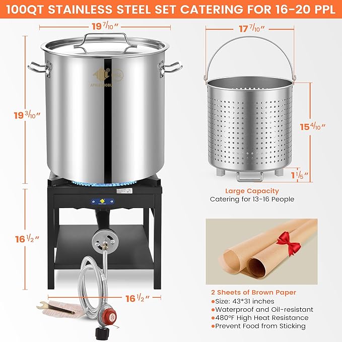 ARC 100QT Stainless Steel Seafood Boiling Kit, 200,000BTU Propane Burner for Outdoors Cooking, Large Stock pot w/Basket for Shrimp, Lobster, Crab Crawfish, Turkey Deep Fryer, Seafood Boil Pot 24GALLON