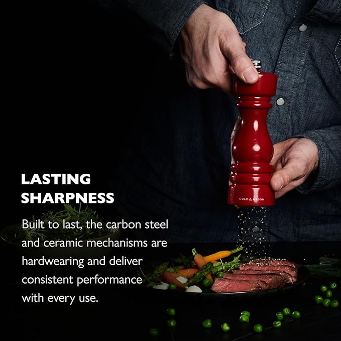 Cole & Mason London Refillable Spice Mill - Kitchen & Home Accessory - Salt & Pepper Grinder Set - Salt Mill with Ceramic Mechanism - Pepper Mill with Carbon Steel Mechanism - 7", Red Gloss
