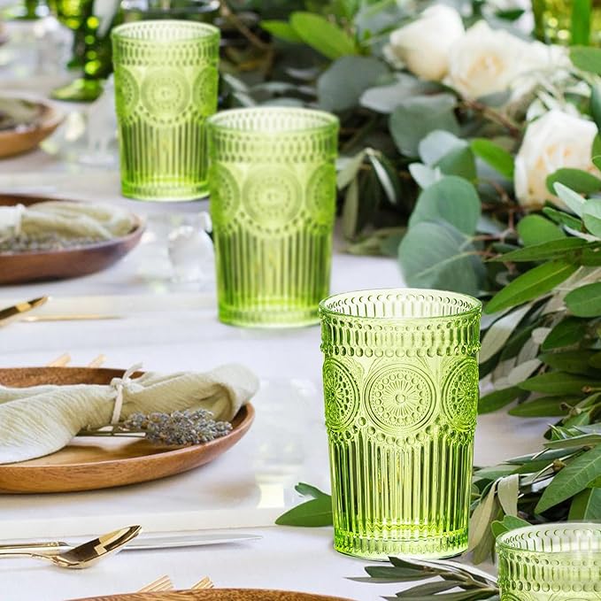 Vintage Textured Green Striped Drinking Glasses Set of 6, 13 oz Ribbed Glassware with Flower Embossed Design, Romantic Cocktail Set, Juice Glass, Iced Coffee Cup, Colored Water Glasses Tumblers