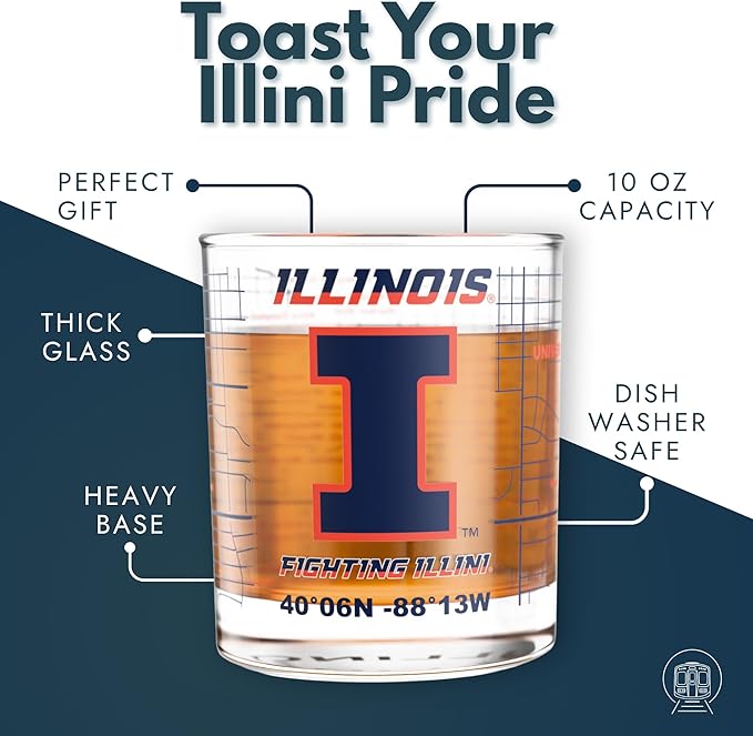 Greenline Goods – University of Illinois Fighting Illini College Whiskey Glasses (Set of 2), 10 oz – Full-Color Logo + Campus Map