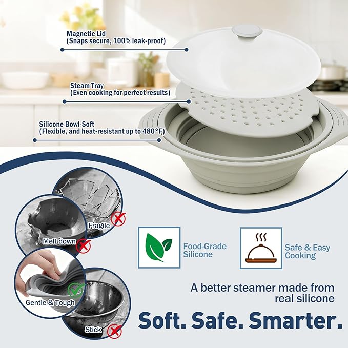 44oz Gray Silicone Steamer Microwave, Collapsible Vegetable Steamer Microwave with Magnetic Lid, Space-Saving Design, Dishwasher Safe Silicone Bowl for Cooking Veggies, Dumplings, Healthy Cooking