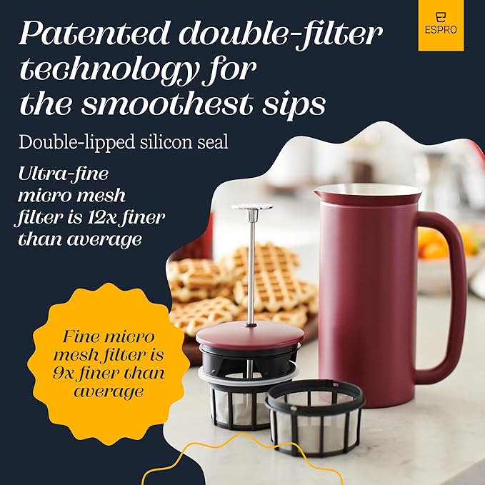 ESPRO P7 French Press Coffee Maker - Double-Walled Stainless Steel Insulated with Micro-Filter, 32 Ounces, Cranberry
