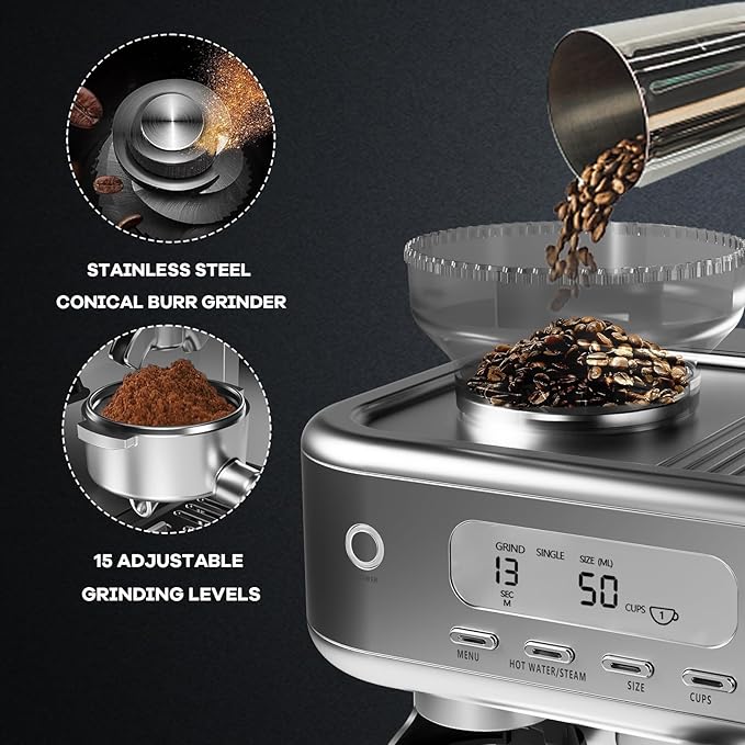 Automatic Espresso Coffee Machine with Grinder, Steam Milk Frother, LCD Display, 78 OZ Removable Water Tank for Cappuccino and Latte