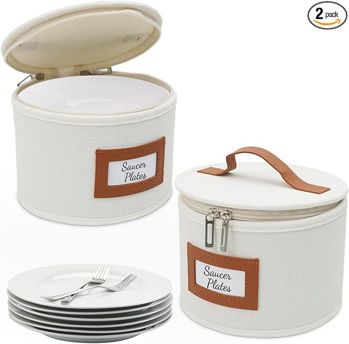 HOMELUX THEORY Saucer Plate Storage Box, 2pc Ivory Hard Shell China Storage Containers Thick Surfaces Lid & 24 Felt Pads, Heavy Duty Moving Box with Handles for Dishes, Dinner Plate, & Dinnerware