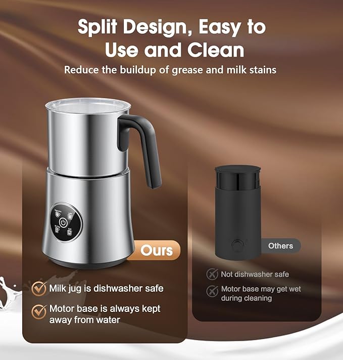 Milk Frother and Steamer, Detachable Electric Milk Frother, Large Capacity Automatic Milk Steamer with LED Touch, Hot & Cold Foam Maker for Coffee, Latte, Cappuccino, Hot Chocolate, Quiet Operation