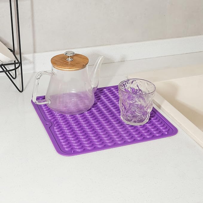 Silicone Dish Drying Mat for Multiple Usage,Easy clean,Eco-friendly,Heat-resistant Silicone Mat for Kitchen Counter or Sink,Refrigerator or Drawer liner Purple M 12 inches x 12 inches