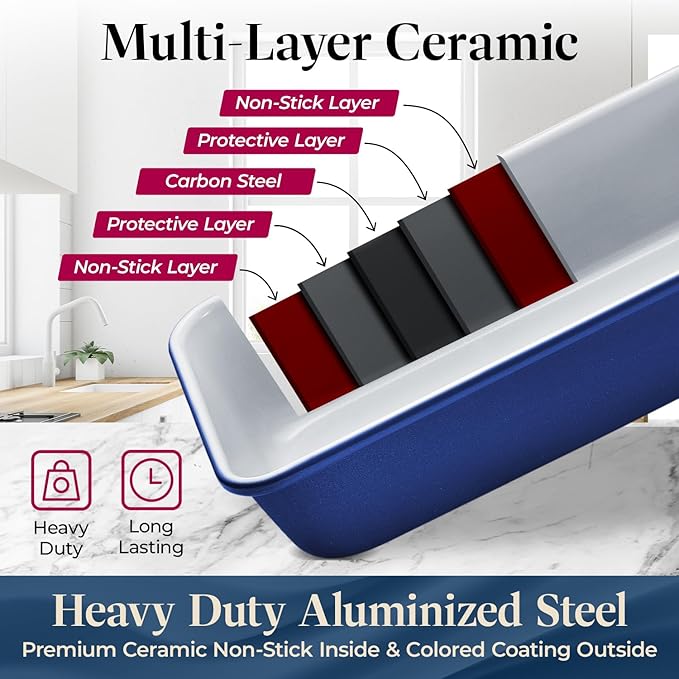 BAKKENMASTER Square Cake Pan - Aluminized Steel, Ceramic Non-Stick Coating, Non-Toxic, Ideal Size, Heavy-Duty, Elevate Your Baking with Durability and Style!