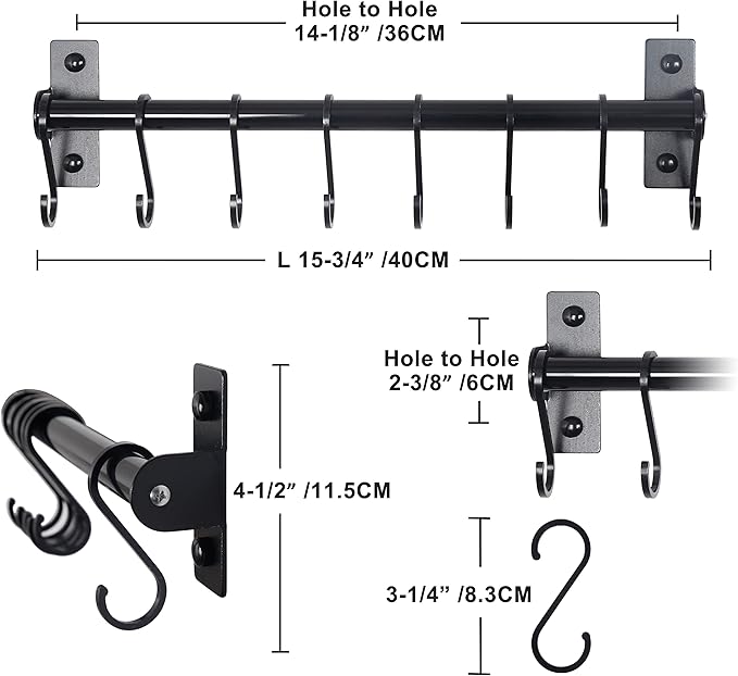 Dseap Kitchen Utensil Holder Hanger, Pot and Pan Rack Wall Mounted, Kitchen Rail with 8 Hooks for Hanging Cooking Utensils, Mugs, Spoons, Wall Mounted, Black