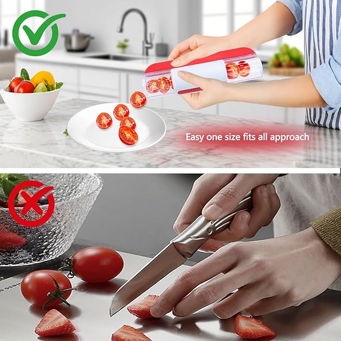 Tomato Slicer, Multi-Purpose Grape Slicer Kitchen Gadget, Tomato, Cherry, Fruit Cutter Fruit Tools into 2 Pieces (Red)
