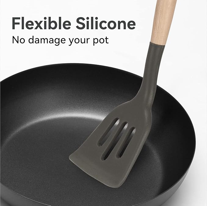 Non-Stick Silicone Cooking Utensils Set, 5 Pcs with Wooden Handle, Heat Resistant Silicone Kitchen Gadgets (Gray)
